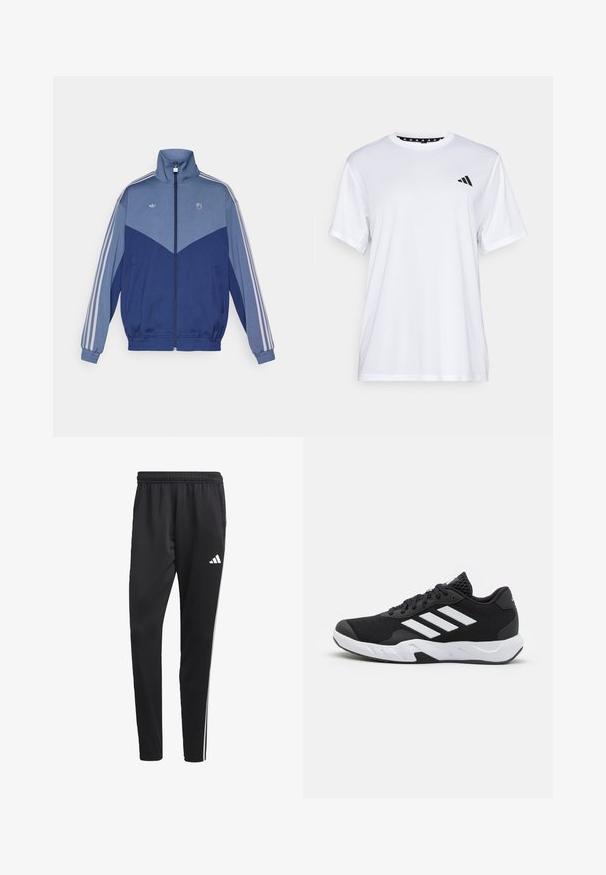 Chaqueta deportiva azul con un cuello alto, cierre de cremallera frontal y puños elásticos. Presenta un panel de un azul más claro y tres franjas blancas a lo largo de cada manga.; Camiseta atlética blanca de manga corta, hecha de una tela que absorbe la humedad. Presenta un logo negro en el lado izquierdo del pecho y un cuello interior con un diseño estampado.; Pantalones deportivos negros con una cinturilla elástica, rayas laterales blancas y un pequeño logo blanco en el muslo. Fabricados con un material suave y ligero.; Zapatillas deportivas negras con una parte superior de malla texturizada, rayas de acento blancas, suela acolchada y talón reforzado para mayor soporte.