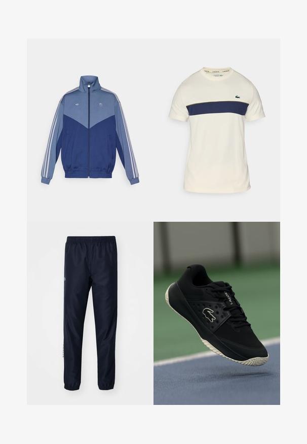 Plava trenirka s visokim ovratnikom, zatvaračem sprijeda i elastičnim manžetama. Ima svjetloplavu ploču i tri bijele pruge duž svake rukave.; Kremena i mornarskoplava Lacoste majica s okruglim izrezom, kratkim rukavima i horizontalnim blokom boja. Ima zeleni krokodil logo.; Mornarske trenirke napravljene od laganog materijala, s elastičnim pojasom i manžetama, s akcentom logotipa sa strane za detalj.; Crna atletska cipela s teksturiranim gornjim dijelom i glatkim naglascima, s bijelim logotipom, vezanjem i fleksibilnom gumenom potplatom.