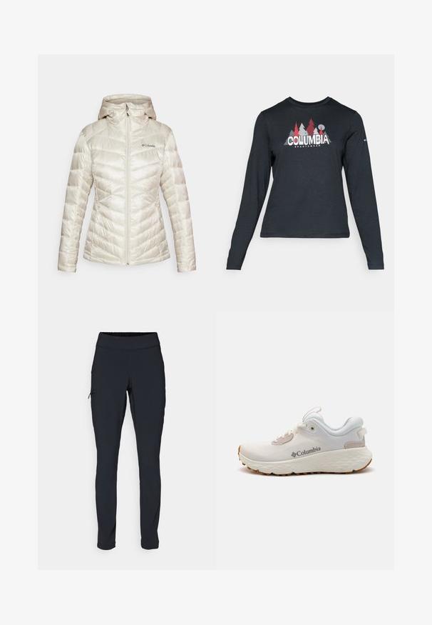 Columbia PEAK™ HOODED JACKET - Zimska jakna - dark stone; Majica z dolgimi rokavi temno siva z grafiko rdečih dreves in gora; logotip "COLUMBIA" v krepki beli barvi. Mehka tkanina, standarden krojen ovratnik.; Črne športne hlače s slim fit krojem, elastičnim pasom in stransko žepom z zadrgo. Gladek, raztegljiv material z minimalnimi šivi.; Lahka športna obutev Columbia v beli mreži z teksturiranim sivim podplatom in gumijastim oprijemom. Ima podloženi ovratnik in vezalni dizajn.