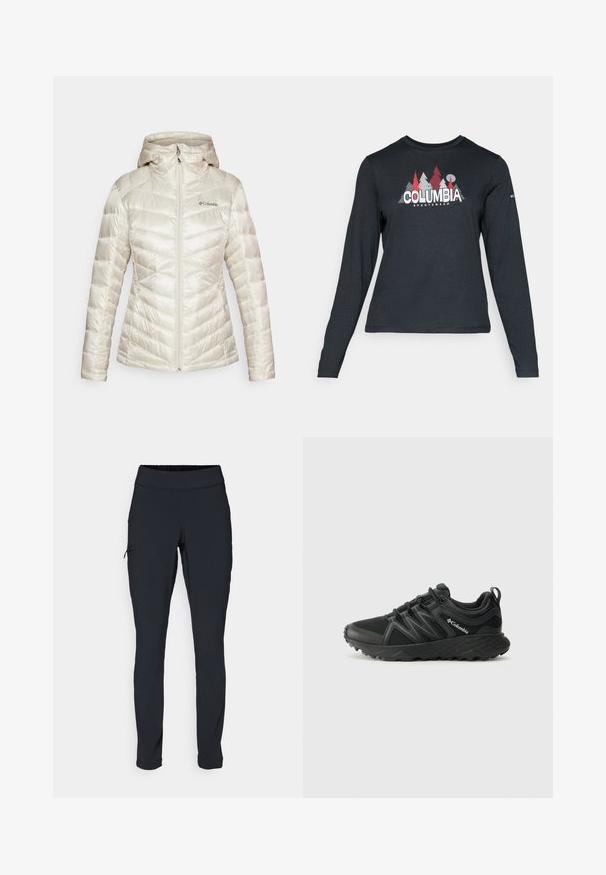 Columbia PEAK™ HOODED JACKET - Vinterjakker - dark stone; Langærmet mørkegrå skjorte med grafik af røde træer og bjerge; "COLUMBIA" logo i fed hvid tekst. Blødt stof, standard rund hals.; Svarte atletiske bukser med slim fit, elastisk talje og en side lomme med lynlås. Glat, strækbart stof med minimale sømme.; Columbia PEAKFREAK - Hikingsko - black