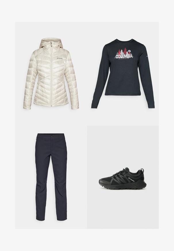 Columbia PEAK™ HOODED JACKET - Talvejope - dark stone; Pikend varrukatega tumehall särk, millel on punaste puude ja mägede graafika; "COLUMBIA" logo julge valge tekstiga. Pehme kangas, tavaline ümmargune kaelus.; Tumedat sinised püksid sujuva kangaga, millel on esiääre nuppude sulgemine, kitsas lõige ja volditud detailid põlvede piirkonnas.; Columbia PEAKFREAK - Matkajalatsid - black