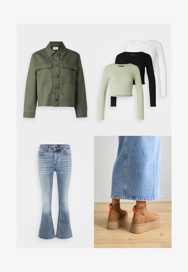 Giacca di jeans verde oliva con colletto, chiusura frontale a bottoni e due tasche sul petto. Il tessuto ha una consistenza liscia e una vestibilità leggermente strutturata.; Even&Odd Petite 3 PACK - Maglietta a manica lunga - black/white/light green; Jeans a zampa di elefante blu chiaro in denim, con un classico design a cinque tasche, chiusura anteriore con zip e leggera scoloritura lungo le cosce.; Stivali platform in suede marrone con pannelli laterali elastici e linguette arancioni, abbinati a una gonna di jeans chiara, lunga fino al ginocchio, su un pavimento di legno.