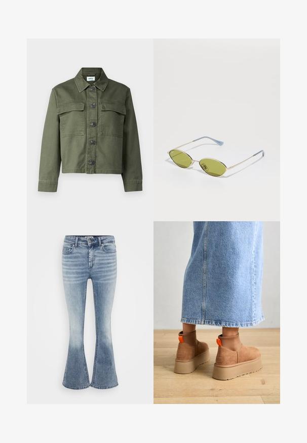 Olivgrüne Denimjacke mit Kragen, vorderer Knopfleiste und zwei Brusttaschen. Der Stoff hat eine glatte Textur und einen leicht strukturierten Schnitt.; Even&Odd Petite 3 PACK - Langarmshirt - black/white/light green; Hellblaue, ausgestellte Jeans aus Denim mit klassischem Fünf-Taschen-Design, Reißverschluss vorne und dezentem Verblassen entlang der Oberschenkel.; Braune Wildleder-Plateau-Stiefel mit elastischen Seitenpaneelen und orangen Zuglaschen, kombiniert mit einem knielangen hellen Jeansrock auf einem Holzboden.; Olivgrüne Sonnenbrille mit dünnem goldenen Rahmen und blauen Akzenten an den Bügeln. Ovale Gläser und minimalistisches Design.