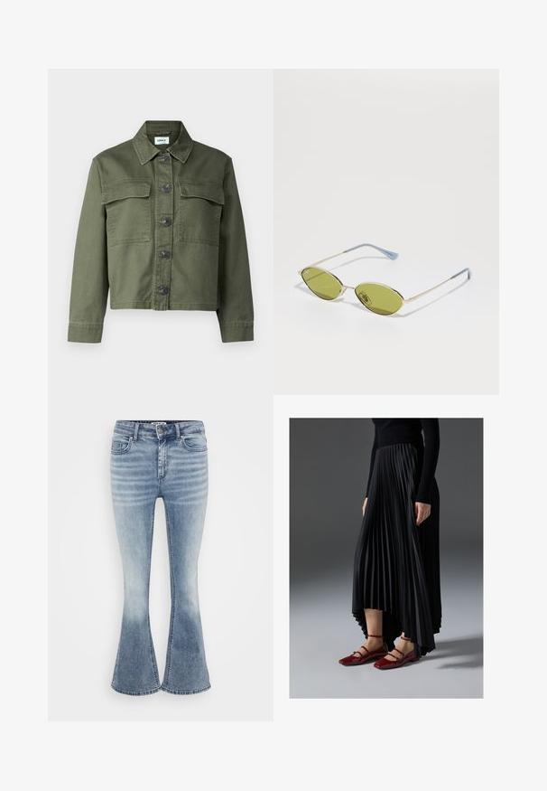 Olive roheline denim jakk, millel on krae, eesnuppe sulgemine ja kaks rinna taskut. Kangas on sileda tekstuuriga ja veidi struktureeritud istuvusega.; Even&Odd Petite 3 PACK - Pikkade varrukatega topp - black/white/light green; Heledad helesinine teksariie, mis on valmistatud denimist, klassikalise viie taskuga disainiga, ees lukuga sulgemine ja õrn pleekimine reite piirkonnas.; Mustmust seelik kõrgema ees- ja madalama taga servaga, kombineeritud läikivate punaste sussidega, millel on rihma kujundus. Kangas on sileda tekstuuriga.; Oliivrohelised prillid, millel on õhuke kuldne raam ja sinise aktsendiga käed. Ovaalsed läätsed ja minimalistlik disain.; Hõbedased rõngaskõrvarõngad, millel on sile, läikiv viimistlus. Ümmargune kuju ja turvaline klõpsulatus. Kerge disain, sobib igapäevaseks kandmiseks.