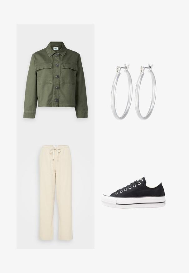 Oliivinvihreä farkkutakki, jossa on kaulus, etupainonappi kiinnitys ja kaksi rintataskua. Kankaan pinta on sileä ja se istuu hieman rakenteellisesti.; Even&Odd Petite 2 PACK - Toppi - light grey/black; Even&Odd Petite Housut - beige; Musta kangaskengät valkoisella kumipohjalla, pyöreällä kärjellä, matalalla designilla, metalliset rei'itykset ja teksturoidut kärjet. Ohut musta raita pohjan reunassa.; Hope-silver rengas, joissa on sileä ja kiillotettu pinta. Pyöreä muoto ja turvallinen napsautettava lukitus. Kevyt muotoilu sopii päivittäiseen käyttöön.