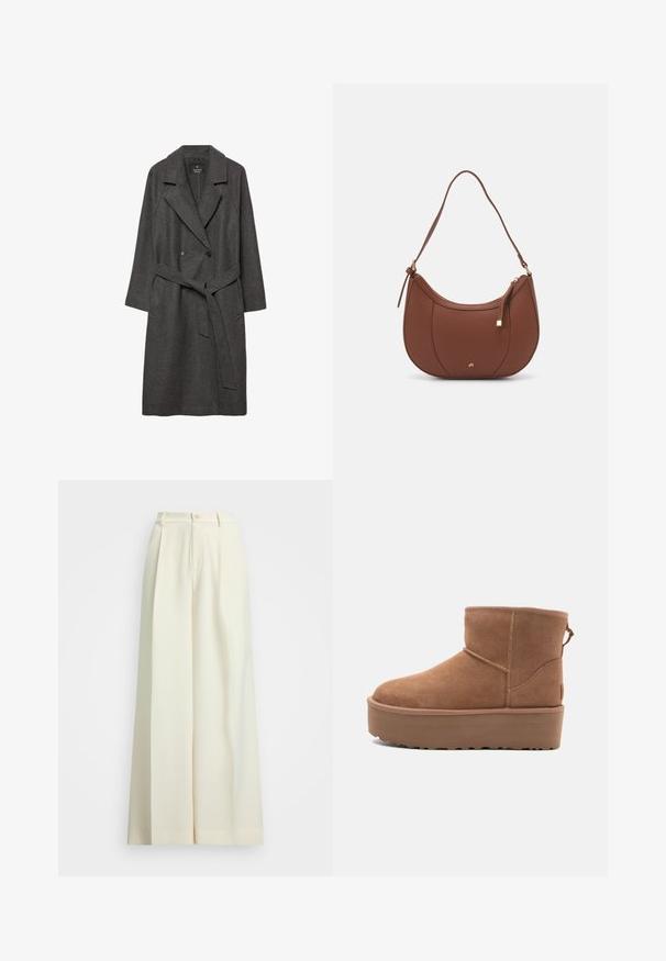 Cappotto di lana grigio scuro con ampi rever, chiusura doppiopetto, tasche anteriori e una cintura coordinata in vita. Texture liscia, design lungo fino al ginocchio.; Maglione crema a lavorazione cable-knit con scollatura a V profonda, decorato con strisce di paillettes blu navy sul colletto e sui polsini. Maniche lunghe con orlo a coste.; Pantaloni a gamba larga in tessuto bianco sporco, caratterizzati da un alto punto vita, doppie pince e chiusura con bottone. Texture liscia e design sartoriale.; Stivale alla caviglia in suede beige con suola platform, punta rotonda e dettagli di cucitura; presenta un inserto sul retro per una facile calzata.; Borsa a spalla in finta pelle marrone con forma curvata, cuciture minime e un accento in metallo dorato. Presenta una chiusura con zip superiore e una tracolla regolabile.