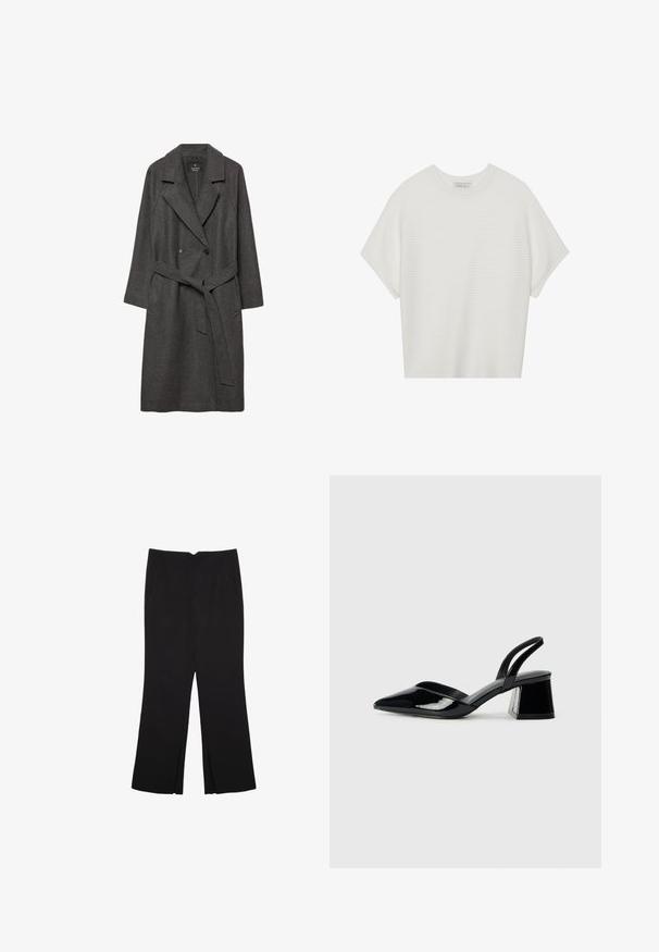 Dark gray wool coat with wide lapels, double-breasted front, front pockets, and a matching belt at the waist. Smooth texture, knee-length design.; White short-sleeve t-shirt with a wide crew neck and textured ribbed pattern, made of soft fabric, featuring a relaxed fit and a clean design.; Black trousers with a straight fit, featuring front pockets and side slits at the hem. Made of soft, smooth fabric. Suitable for various occasions.; Black patent leather slingback heels with a pointed toe and a geometric block heel. Features a sleek, minimal design and smooth texture.