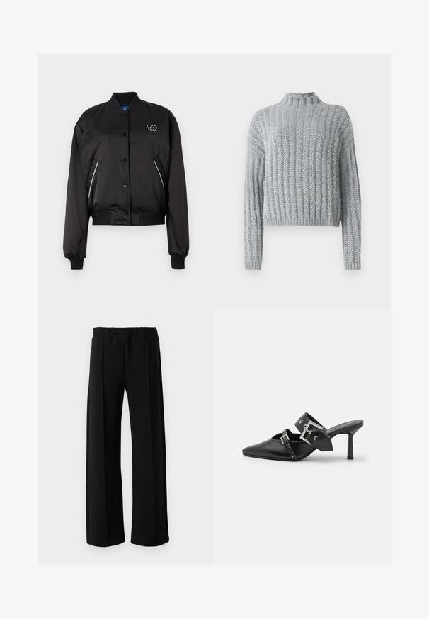 Mustam bomber-jakk sujuva, läikiva kangaga, soonikute ja vöökoha mansettidega, ees klõpsuga sulgemine ning südamekujuline logo detail.; Heled hallid kootud sviiter, millel on soonikustruktuur, noku kaelus, pikad varrukad ja veidi lühike lõige.; Mustad sirged püksid elastse vöökoha ja peene tekstuuriga mustril kogu kanga ulatuses valgel taustal.; Mustad mustad kõrged kontsad, terava toe ja siledast nahast. Omab laia pahkluu rihma ruudukujulise hõbedase klambri ja nurgakujuliste naeltega.