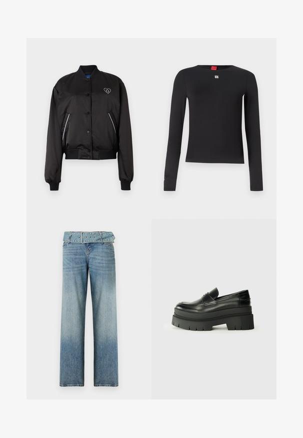 Black bomber jacket with a smooth, shiny fabric, ribbed cuffs and waistband, front button closure, and heart-shaped logo detail.; Black long-sleeve shirt made from smooth fabric. Features a crew neckline and a small silver logo on the chest. Minimalist design.; Light blue denim jeans with a wide-leg design, featuring a matching belted waist and a gradual fade from dark to light.; Black leather loafers with a chunky platform sole. Rounded toe, front seam detail, and subtle stitching accents. Flat, textured outsole.