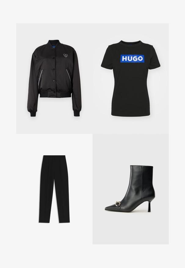 Musta pommittaja takki, jossa on sileä, kiiltävä kangas, ribbauskudokset hihansuissa ja vyötäröllä, edessä napitus ja sydämen muotoinen logo yksityiskohtana.; Musta lyhythihainen t-paita, joka on valmistettu puuvillasta. Paidassa on suuri sininen suorakaiteen muotoinen graafinen kuvasto, jossa on sana "HUGO" valkoisilla lihavoidulla kirjaimilla.; Mustat housut suoran istuvuuden kanssa, joissa on kaksinkertaiset laskokset, sileä pinta ja klassinen vyötärönauhan muotoilu. Ei näkyviä metalliosia tai koristeita.; Musta nahkasaapas nilkkapituisilla, terävillä kärjillä, hoikalla keskipituisella korolla ja hopeavöillä sivussa yksinkertaista taustaa vasten.