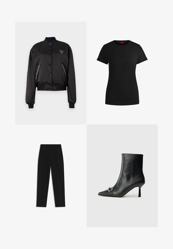 Czarna kurtka bombowiec z gładkiego, błyszczącego materiału, prążkowanymi mankietami i pasem, zapięcie na guziki z przodu oraz detal w kształcie serca.; Czarna bawełniana koszulka z krótkimi, podwiniętymi rękawami, okrągłym dekoltem i czerwoną metką. Gładka tekstura, dopasowany fason z minimalnymi detalami.; Czarne spodnie o prostym kroju, z podwójnymi zakładkami, gładką teksturą i klasycznym krojem w talii. Bez widocznych elementów metalowych ani akcentów.; Czarny skórzany botek za kostkę z szpiczastym noskiem, smukłym średnim obcasem i srebrnym zapięciem po boku na jednolitym tle.