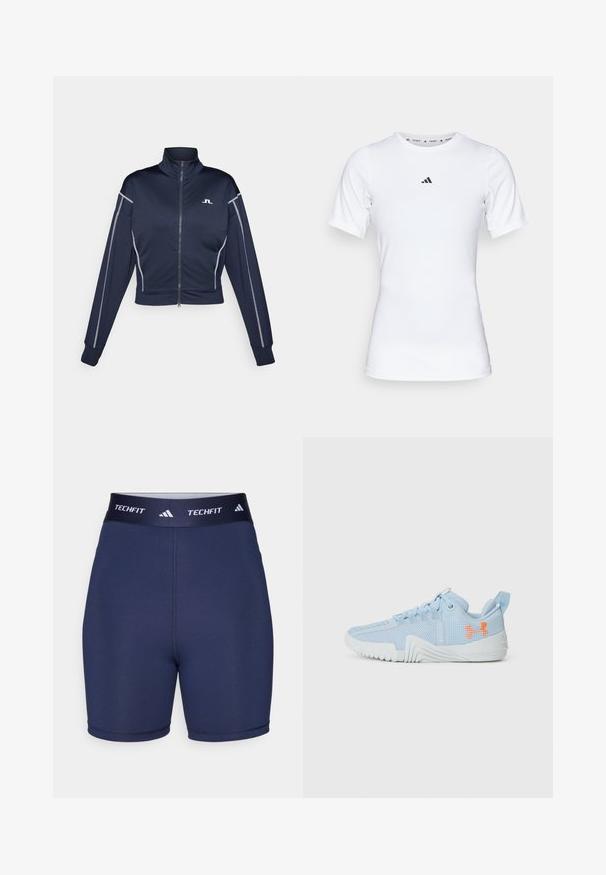 Mornarska skraćena jakna s patentnim zatvaračem od glatkog materijala, s visokim ovratnikom, srebrnim detaljima duž rukava i malim logotipom na prsima.; Bjela atletska majica s kratkim rukavima, izrađena od glatkog, rastezljivog materijala. Na prsima se nalazi mali crni Adidas logo.; Tamnoplave atletske kratke hlače glatke teksture, elastični pojas s natpisom "TECHFIT" i logom s tri pruge, uski dizajn, minimalni šavovi.; Svjetloplave atletske tenisice napravljene od mrežastog materijala s teksturiranim potplatom, s narančastim logotipom i dizajnom s vezicama.