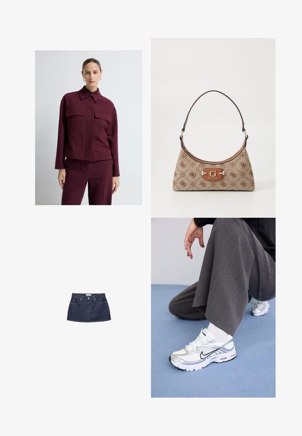 Maroon jacket with a structured design, featuring a pointed collar and two chest pockets. Smooth texture, cropped length, tailored fit.; Light gray knitted sweater with a round neckline, dropped shoulders, and long sleeves. Soft texture with ribbed hem and cuffs.; Denim mini skirt in dark blue with a fitted waist, front pockets, and a metal button closure. Smooth texture and classic cut.; White and silver athletic shoes with mesh and synthetic materials, featuring black accent lines, laces, and textured soles.; Tote bag in beige fabric with brown patterned accents. Features a curved shape, single strap, and a logo plaque in front with silver hardware.