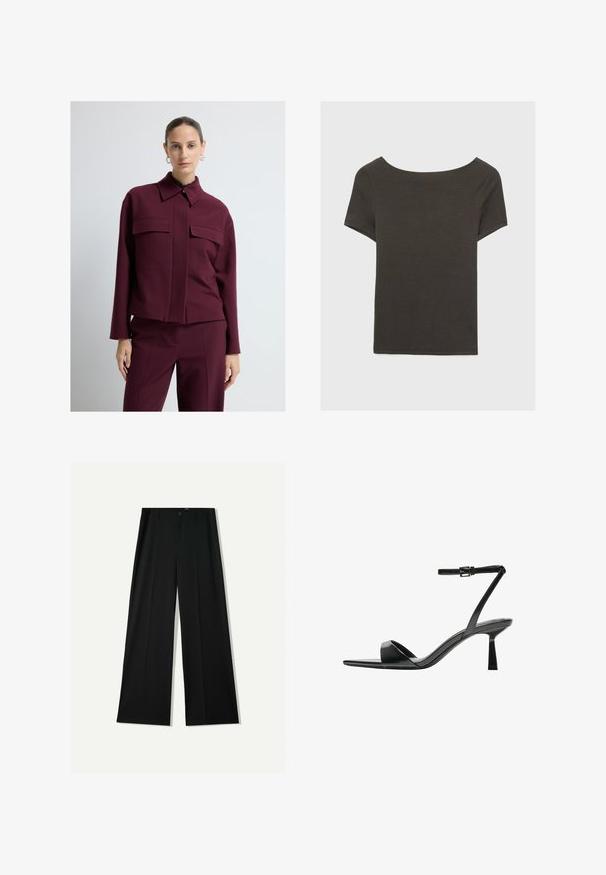 Bordová bunda se strukturovaným designem, vybavená špičatým límcem a dvěma náprsními kapsami. Hladká textura, krátká délka, střih na míru.; Tmavě šedý top s krátkým rukávem a lodičkovým výstřihem. Vyrobený z ribovaného materiálu, s volnějším střihem a čistým lemem. Jednoduchý design, bez vzorů.; Bershka WIDE - Kalhoty - black; Bershka Sandály na vysokém podpatku - black