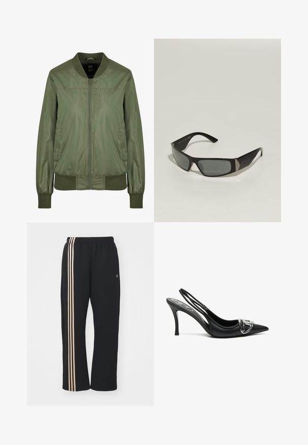 Õliväärdiga pommijakk, mis on valmistatud läikivast kangast, varustatud luku esiosaga, ribitud varrukate ja sobiva vöökoha, millel on diskreetsed küljetaskud.; Valge sobiv t-särk, mis on valmistatud puuvillast, ümarate krae ja lühikeste varrukatega, esiküljel on helesinine brodeeritud logo.; Mustad mustad püksid, mis on valmistatud pehmest kangast, millel on külgedel kolm vertikaalset beeži triipu ja elastne vöökoht. Lihtne disain, ilma taskuteta.; Mustad mustav kõrge kontsaga sussid terava toe ja särava hõbedase nööbiga, peene kontsaga. Sile nahk ja minimalismi printsiip.; Mustad mustaklassi prismaga prillid, halli tooniga objektiivid ja metallist aksessuaarid templites. Omavad plastikust raame ja siledat tekstuuri.