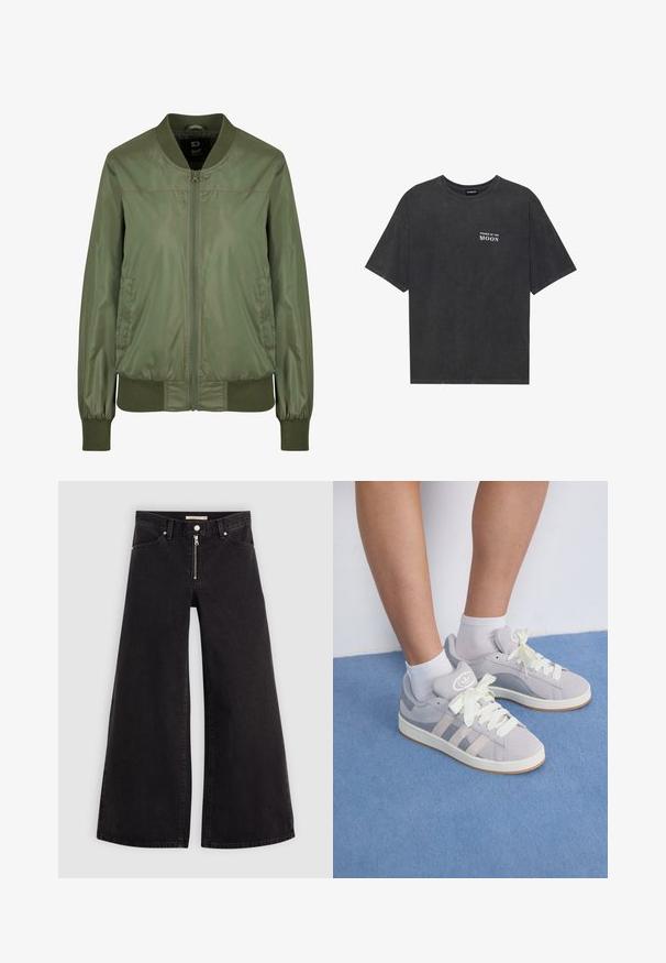 Olive zelen bomber jakna izdelana iz sijoče tkanine, z zadrgo spredaj, rebrastimi manšetami in prilegajočim pasom, ter diskretnimi stranskimi žepi.; Črna bombažna majica s širokim krojem, ki na levem prsnem delu vsebuje besedilo "FAZE LUNE" v beli barvi. Kratke rokave, krožni ovratnik.; Široke traperice iz črnega denima z zadrgo spredaj, petimi žepi in diskretnimi šivi. Gladka tekstura in ležeren slog.; Sive športne copate iz zamšene kože z belimi vezalkami in gumijastim podplatom, ki imajo tri diagonalne črte ob strani in logotip na ježku.