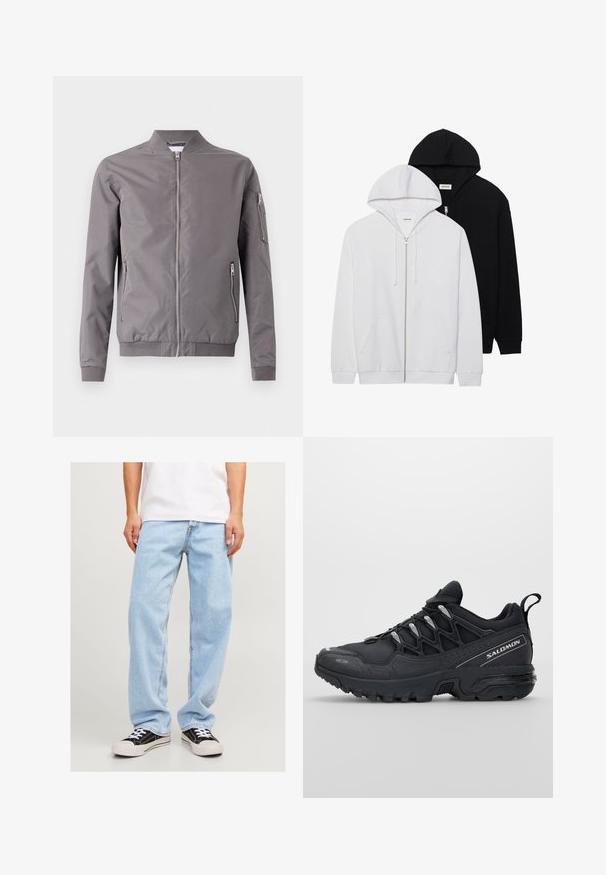 Giacca bomber grigia realizzata in tessuto liscio. Presenta una chiusura a zip frontale, tasche laterali e una tasca con zip sulla manica. Polsini e orlo a coste.; Due felpe con zip, una nera e l'altra bianca, con cappucci regolabili, tasche a marsupio, polsini a coste e una texture in tessuto morbido.; Set di tre t-shirt base in nero, bianco e grigio chiaro. Maniche corte, colletto rotondo, realizzate in cotone morbido. Logo del marchio visibile.; Jeans in denim azzurro chiaro con vestibilità comoda, caratterizzati da un design a gamba dritta e cuciture standard, abbinati a sneaker nere.; Scarpe sportive nere con tomaia in rete, suola in gomma e dettagli riflettenti. Presentano una suola ammortizzata e un design con chiusura a lacci.