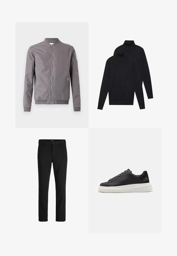 Szürke bombázó dzseki sima anyagból. Elöl cipzárral, oldalsó zsebekkel és cipzáras karzsebbel rendelkezik. Bordás mandzsetták és alsó szegély.; Két fekete, hosszúujjú garbó, sima kötésű, egymásra helyezve, az egyik kicsit a másik mögött, fehér háttér előtt.; Fekete nadrág sima anyagból, klasszikus dizájnnal, egyenes szabással, elülső gombos záródással és oldalsó zsebekkel.; Fekete bőr sportcipő fehér gumitalppal, lapos fűzőkkel és márkázott fűzőlyukakkal. Puha tapintású, kontrasztos oldali akcentussal.