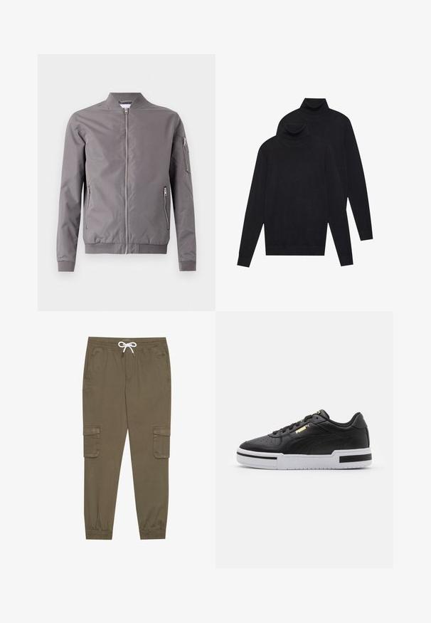 Gray bomber jacket made of smooth fabric. Features a zip front, side pockets, and a zippered arm pocket. Ribbed cuffs and hem.; Two black long-sleeve turtleneck sweaters, plain knit, stacked with one slightly behind the other on a white background.; Khaki cargo pants with an elastic waistband and drawstring, featuring side pockets and cuffed ankles. Made from a textured, lightweight material.; Black leather sneaker with white midsole, perforated toe, gold logo detail, padded collar, and contrasting black accents on the side.