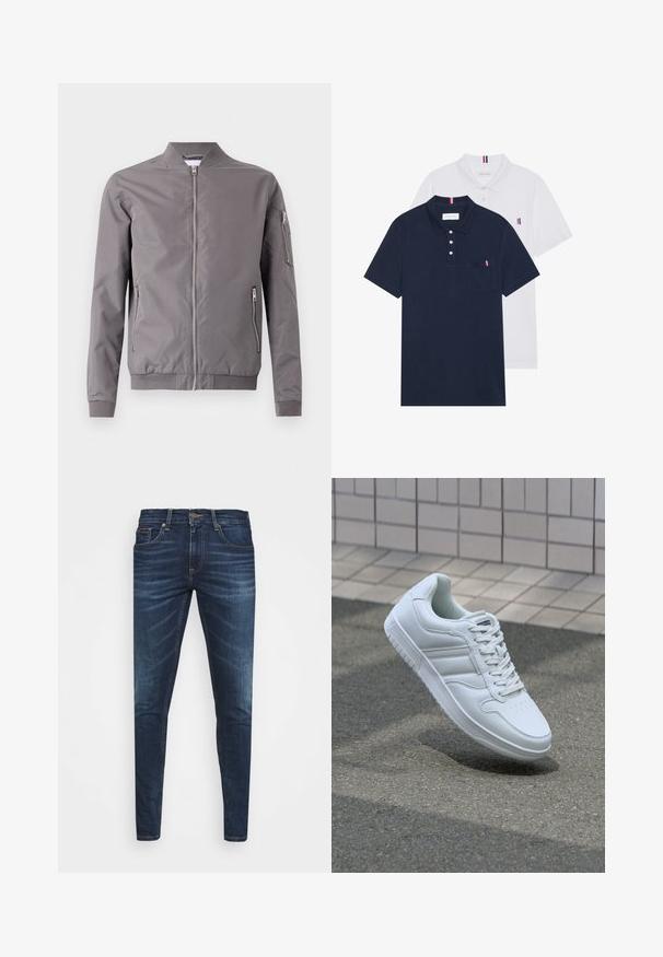 Pilkas bomberio švarkas, pagamintas iš lygaus audinio. Turintis užtrauktuką priekyje, šonines kišenes ir užtrauktuku uždaromą rankovės kišenę. Fasonuoti audiniai rankogaliuose ir apatinėje dalyje.; Du keturių marškiniai: vienas tamsiai mėlynas ir vienas baltas, abu su mažais raudonais, baltais ir mėlynais akcentais ant krūtinės kišenės ir apykaklės.; Tamsiai mėlynos džinsinės kelnės su liesu siluetu, subtiliu nusidėvėjimu, penkiomis kišenėmis ir metaliniu mygtuku užsegimui. Įsiūtos akcentai kontrastinga spalva.; Baltos sportinės kedai su lygaus odos viršumi, raišteliais priekyje, perforuotu kojų pirštu ir raštuotu padu. Minimalistinis dizainas su trimis šoninėmis juostelėmis.