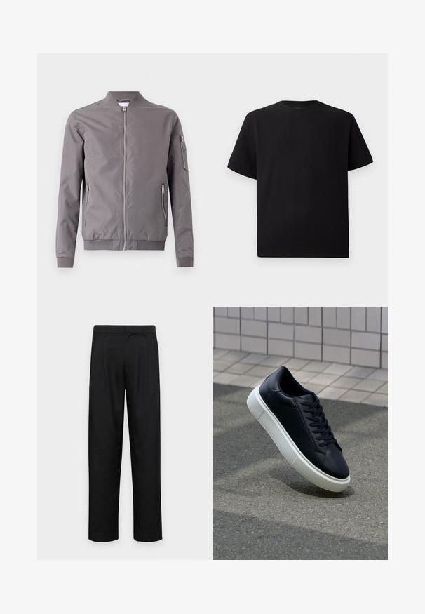 Graue Bomberjacke aus glattem Stoff. Mit einem Reißverschluss vorne, Seitentaschen und einer Reißverschlusstasche am Arm. Mit gerippten Bündchen und Saum.; Schwarzes Kurzarm-T-Shirt aus strukturiertem Stoff, mit einem Rundhalsausschnitt und einer lockeren Passform. Einfach, ohne Muster oder Akzente.; Schwarze Hose aus glattem Stoff, mit geradem Bein Design, zwei vorderen Falten und einem Standardbund mit Gürtelschlaufen.; Schwarze Leder-Sneaker mit runder Zehenpartie und weißer Gummisohle. Verfügt über flache Schnürsenkel und minimale Nähte im Obermaterial. Strukturiertes Sohlenprofil für besseren Halt.