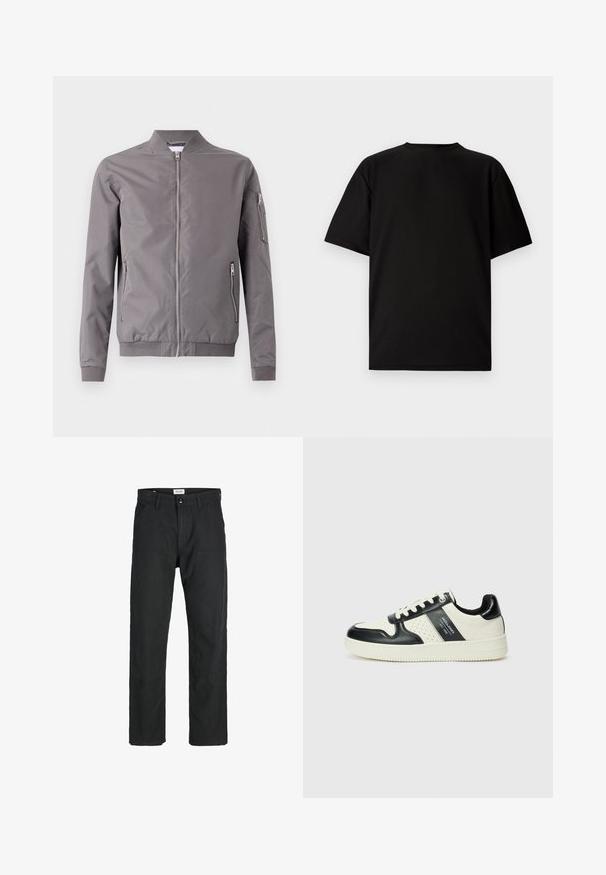 Chaqueta bomber gris hecha de tela suave. Cuenta con un cierre frontal, bolsillos laterales y un bolsillo con cremallera en el brazo. Puños y dobladillo acanalados.; Camiseta negra de manga corta hecha de tela acanalada. Presenta un cuello redondo y un corte relajado con una textura suave. Vista trasera únicamente.; Pantalones negros de tela duradera, con un diseño de pierna recta, detalles cosidos y dos bolsillos frontales para mayor funcionalidad.; Zapatillas de cuero con un esquema de colores negro y crema, que cuentan con acentos perforados, un collar acolchado y una suela texturizada.