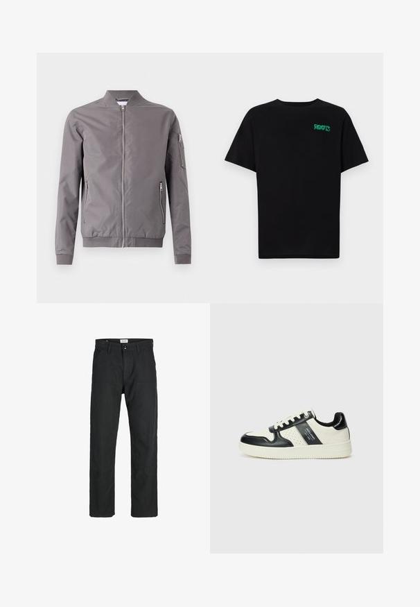 Siva bomberska jakna iz gladkega materiala. Ima zadrgo spredaj, stranske žepke in žep z zadrgo na rokavu. Ribljen pas in manšete.; Črna majica iz bombaža z kratkimi rokavi. Na sprednji strani ima zeleno logotip "ROOTS", okroglo ovratnico in standardno prileganje.; Črne hlače iz trpežnega materiala, s krojem naravnih nog, našitki ter dvema sprednjima žepoma za funkcionalnost.; Usnjeni športni čevlji z črno in krem barvno shemo, ki vključujejo perforirane dodatke, podložen ovratnik in strukturirano podplat.