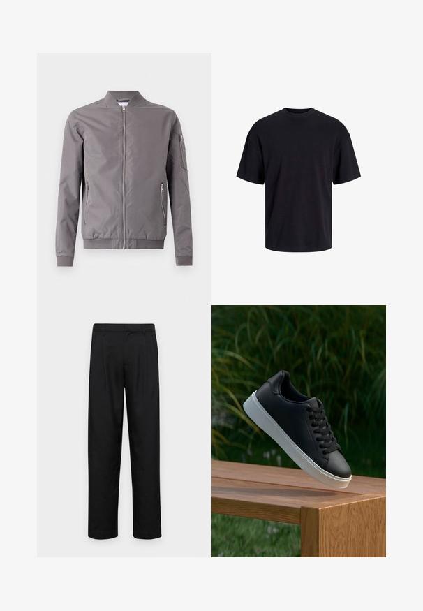 Harmaa pommittajatakki, joka on valmistettu sileästä kankaasta. Varustettu vetoketjullisella etuosalla, sivutaskuilla ja vetoketjullisella käsitaskulla. Kaarrokkeelliset hihansuut ja helma.; Musta puuvillapaita, jossa on pyöreä kaula-aukko, lyhyet hihat ja rento muotoilu. Yksinkertainen ja sileä pinta, ilman näkyviä kuvioita tai koristeita.; Mustat housut, jotka on valmistettu sileästä kankaasta, suoran lahkeen muotoilulla, kahdella etupleekillä ja tavanomaisella vyötäröllä, jossa on vyölenkit.; Musta nahkakengät, joissa on sileä pinta, valkoinen kumipohja ja kuusi aukkoa nauhoille, esillä puupinnalla.