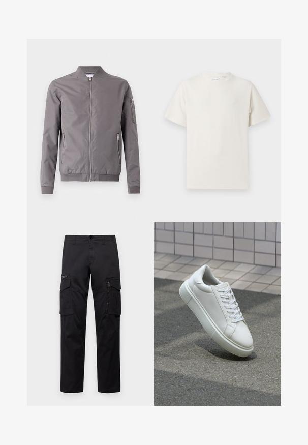 Giacca bomber grigia realizzata in tessuto liscio. Presenta una chiusura a zip frontale, tasche laterali e una tasca con zip sulla manica. Polsini e orlo a coste.; T-shirt bianca a maniche corte in texture a coste. Girocollo, vestibilità rilassata, senza modelli o accenti visibili. Design semplice e versatile.; Pantaloni cargo neri con multiple tasche, tasca con zip sulla coscia, vestibilità dritta e in resistente cotone con un leggero lucido.; Sneaker bianco in pelle con superficie liscia, punta rotonda e lacci piatti bianchi. Presenta una suola in gomma texturizzata e un design minimale.