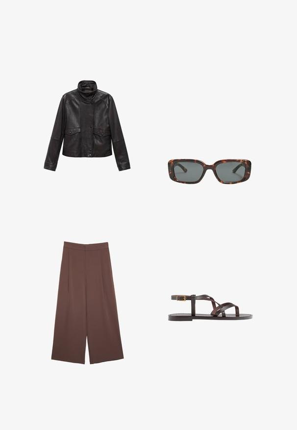 Črna usnjena jakna z visokim ovratnikom, spredaj z zapiranjem na ježka in dvema zavihkoma na pasu, položena na belo ozadje.; Rjava kratka majica s kratkimi rokavi iz mehkega materiala, s krožnim izrezom in ohlapnim krojem. Brez vidnih vzorcev ali dodatkov.; Rjave široke hlače z gladko teksturo, ki imajo visok pas in sprednje naborke. Tkanina je lahka in prosto pada.; Rjav usnjen sandal z načinom prečnega črta, zaklepom okoli gležnja in ravnim podplatom z minimalnimi šivi.; Sonce, ki je oblikovana v tortoščkovem vzorcu, ima pravokotne leče, debele okvirje in temne leče. Ima gladko teksturo in minimalističen dizajn.