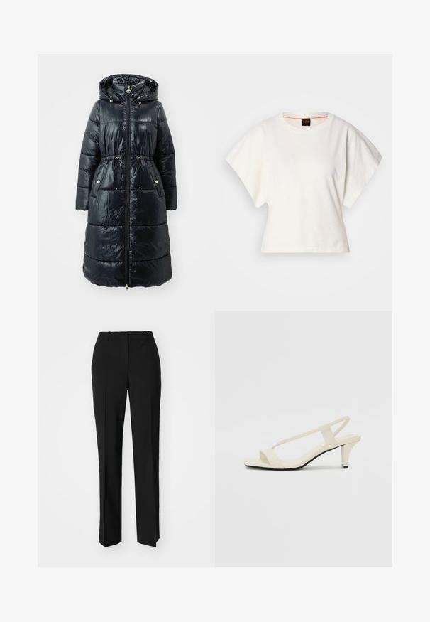 Casaco tipo puffer em azul marinho escuro com capuz, apresentando secções acolchoadas, bolsos laterais, cintura ajustável por cordão e detalhes em tom dourado.; T-shirt branco cropped, mangas curtas e largas, material de algodão suave, decote redondo com um discreto acabamento laranja, design minimalista, sem padrões ou gráficos.; Calças pretas de corte ajustado com um design de perna reta, apresentando uma textura lisa e pregas bem definidas na frente. Sem hardware visível.; Sandálias beiges de salto bloco com tiras finas e bico quadrado. Material suave com detalhes mínimos, projetadas para fácil uso.