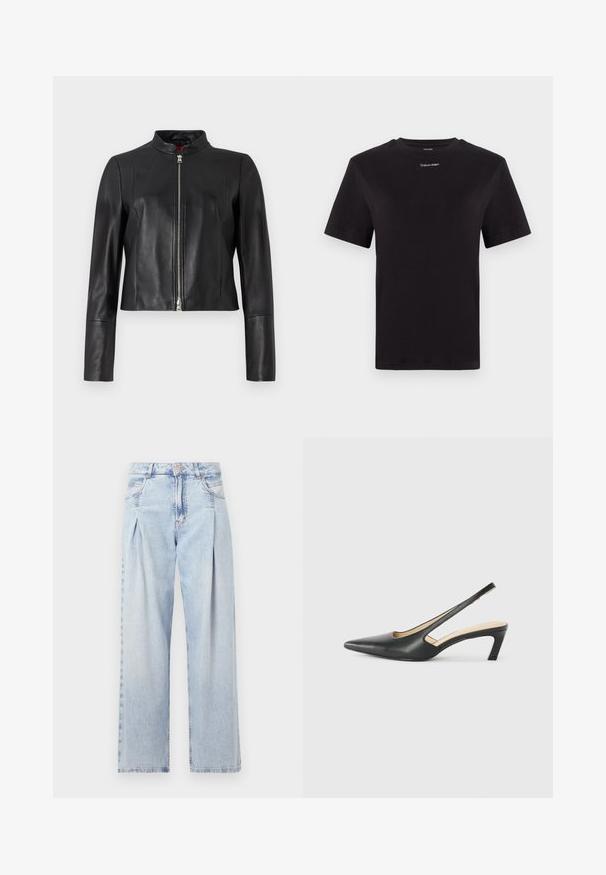 Zwarte leren jas met hoge kraag, voor sluiting met rits en lange mouwen. Gladde textuur en cropped ontwerp. Geen zichtbare patronen.; Zwarte katoenen t-shirt met korte mouwen, ronde hals en klein wit "Calvin Klein" logo op de borst. Gladde textuur, klassieke pasvorm.; Lichtblauwe denim jeans met een hoge taille, wijde pijpen, twee zijzakken en geplooid ontwerp. Zachte textuur met een vervaagd uiterlijk.; Zwarte puntige slingback schoen met een lage hak, gemaakt van soepel leer en voorzien van een uitsnede aan de zijkant voor ventilatie.