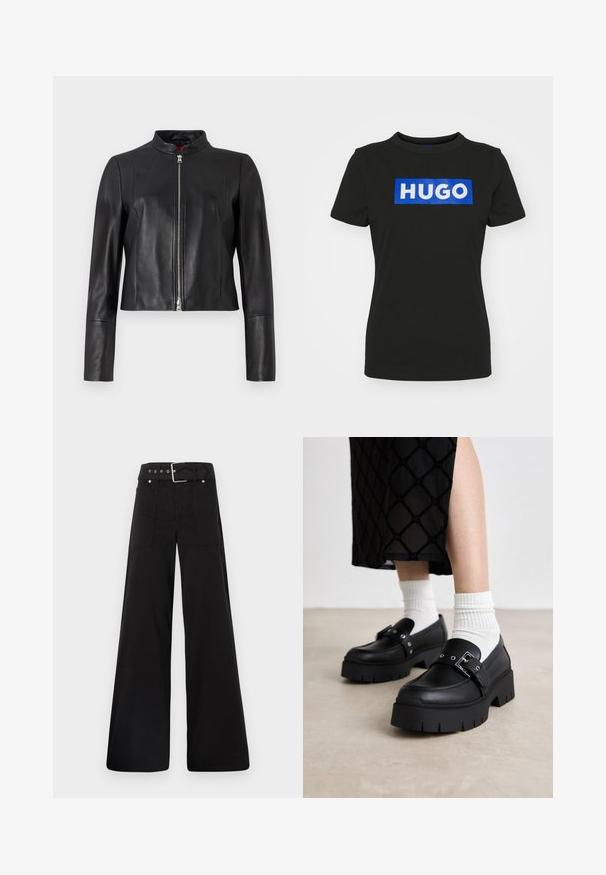 Black leather jacket with a high collar, front zipper closure, and long sleeves. Smooth texture and cropped design. No visible patterns.; Black short-sleeve t-shirt made of cotton, featuring a large blue rectangular graphic with the word "HUGO" in white bold letters.; Black wide-leg trousers made from cotton, featuring a high waist, large side pockets, and a belted waist with silver hardware accents.; Black platform loafers with a smooth leather finish, featuring a buckle detail and stud accents, paired with white ribbed socks.