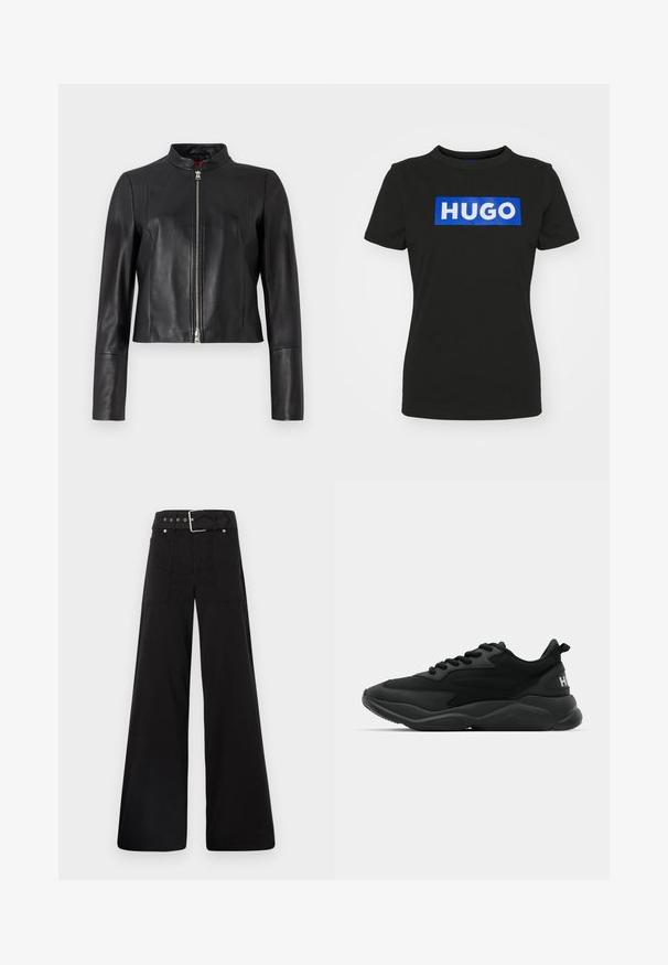 Juodas odinis švarkas su aukštu apykakle, priekyje užtrauktuku ir ilgomis rankovėmis. Lygus paviršius ir trumpa išvaizda. Nėra matomų raštų.; Juodas trumpas rankovės marškinėliai pagaminti iš medvilnės, su dideliu mėlynu stačiakampiu grafiniu dizainu, ant kurio užrašyta "HUGO" baltais storais rašmenimis.; Juodos plačios kojų kelnės, pagamintos iš medvilnės, su aukšta liemene, didelėmis šoninėmis kišenėmis ir diržu, papuoštu sidabriniais akcentais.; Juodos sportinės kedai, turintys tekstūruotą viršutinę dalį, raištelių uždarymą, paminkštintą padas ir ženklo akcentą ant kulno.