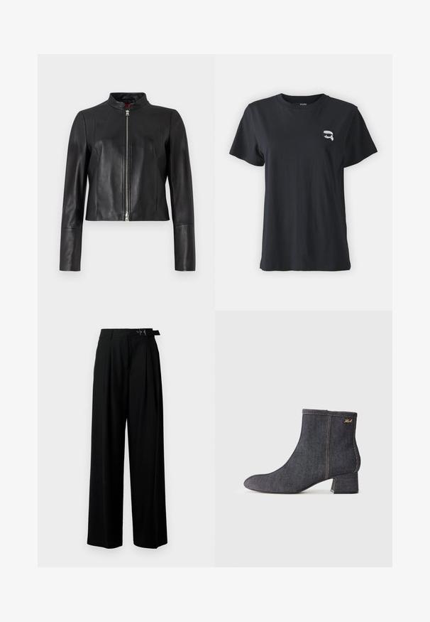 Černá kožená bunda s vysokým límcem, předním zipem a dlouhými rukávy. Hladká textura a zkrácený design. Žádné viditelné vzory.; Černé bavlněné tričko s krátkým rukávem a kulatým výstřihem. Na hrudi má malou bílou grafiku. Hladká textura, volný střih.; Černé široké kalhoty s vysokým pasem, záhyby vpředu a páskem s přezkou. Vyrobené z hladké, lehké tkaniny.; Tmavé džínové kotníkové boty s špičatou špičkou, blokovým podpatkem, viditelným švem a jemným logem značky na boku. Hladká textura.