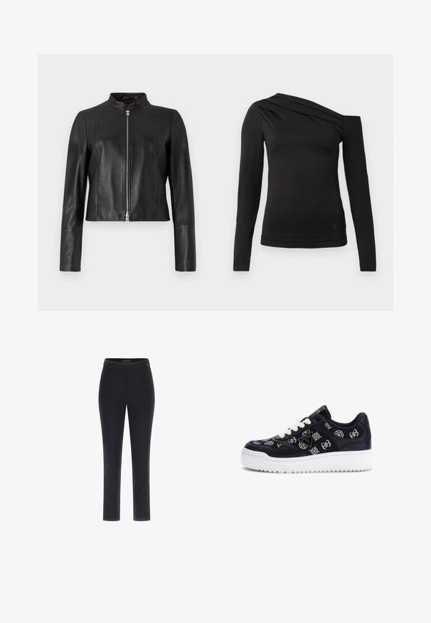 Fekete bőr dzseki magas gallérral, elöl cipzárral és hosszú ujjal. Sima textúra és cropped dizájn. Nincsenek látható minták.; Fekete, hosszú ujjú felső aszimmetrikus nyakkivágással, amelyen az egyik váll szabadon van, és finom redők futnak a mellkason.; Fekete, testhezálló nadrág sima textúrával, egyenes szárú kialakítással és széles derékpánttal. A derékpánton kis logó található.; Sötétkék bőr felsőrészű sportcipő, fehér gumitalppal, hímzett logókkal és fehér fűzőkkel. Párnázott bokarész a kényelem érdekében.