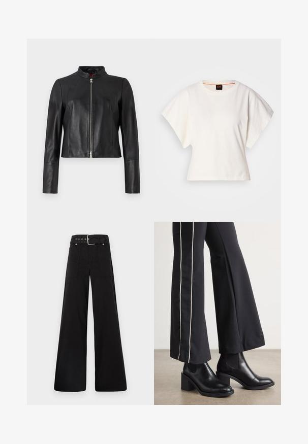 Juoda odinė striukė su stovinčiu apykakliu, priekyje užtrauktuku ir siauru dizainu. Turi ilgus rankoves ir lygų, blizgantį paviršių.; Baltas trumpas marškinėliai, plačios trumpomis rankovėmis, minkšta medvilnė, apvali kaklo iškirptė su subtiliu oranžiniu apvadu, minimalus dizainas, be raštų ar grafikų.; Juodos plačios kojų kelnės, pagamintos iš medvilnės, su aukšta liemene, didelėmis šoninėmis kišenėmis ir diržu, papuoštu sidabriniais akcentais.; Juodi odiniai auliniai batai su plataus bloko kulnu, turintys elastines šonines dalis. Sukomplektuoti su juodomis kelnėmis, turinčiomis baltą šoninės juostą.