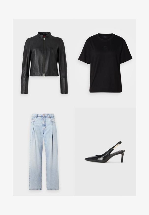 Črna usnjena jakna z visokim ovratnikom, sprednjim zadrgo in dolgimi rokavi. Gladka tekstura in skrajšana zasnova. Brez vidnih vzorcev.; Črna bombažna majica s krožnim izrezom, kratkimi rokavi in izvezenim logotipom na prsih. Preprosta, sproščena silhueta brez vzorcev.; Svjetloplave traperice visoko struka, širokog kroja, s dva bočna djepa i naboranim dizajnom. Mekana tekstura s izblijedjelim završetkom.; Črne usnjene sandale na visoki peti s koničastim nosom, gladko teksturo in ožjim gležnjarjem, ki ima zlate kovinske dodatke.