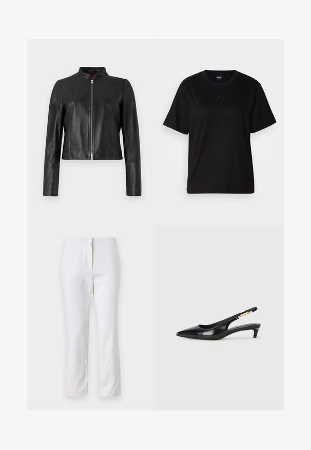 Fekete bőr dzseki magas gallérral, elöl cipzárral és hosszú ujjal. Sima textúra és cropped dizájn. Nincsenek látható minták.; Fekete pamut póló kerek nyakkivágással, rövid ujjakkal és hímzett logóval a mellkasán. Egyszerű, laza szabás, minta nélkül.; Fehér pamut nadrág egyenes lábformával, közepes derékkal, látható fémrészek vagy minták nélkül. Sima textúra az egész anyagon.; Fekete bőr slingback magassarkúk, hegyes orral, vékony sarkakkal és arany színű részlettel a állítható pánton. Simа felület.