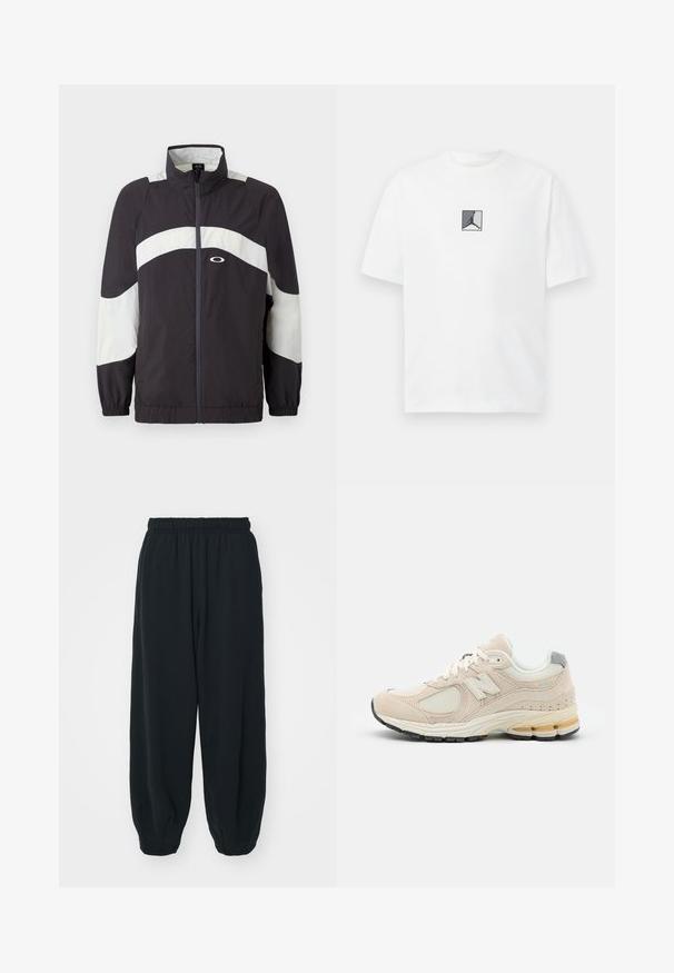Zwart-witte windbreaker jacket met een hoge kraag, frontale rits en elastische manchetten. Bevat gebogen kleurblokken en een logo op de borst.; Witte katoen t-shirt met een centraal zwart en grijs logo grafiek. Klassieke ronde halslijn en korte mouwen met een losse pasvorm.; Zwarte, elastiche sweatpants met een losse pasvorm, manchetten aan de enkels, een zachte textuur en zonder zichtbare patronen of hardwareaccenten.; Lichtbeige hardloopschoen van mesh en suède materialen, met een gevoerde zool, veters en een grijze accenten bij de hak.