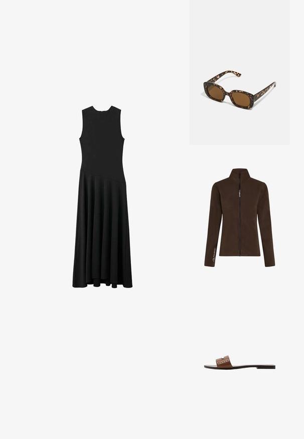 Braune Fleecejacke mit hohem Kragen und vollem Frontreißverschluss. Mit "O'Neill"-Markierung und "Polartec"-Logo auf einem Ärmel. Weiche Textur.; Schwarzes ärmelloses Maxikleid mit enger Passform im Oberteil und schwingendem Rock, ausgestattet mit einer glatten Textur und minimalistischem Design, ohne sichtbare Verschlüsse.; Braune Leder-Slidesandalen mit flacher Sohle, ausgestattet mit einem breiten Riemen und weißen geometrischen Akzenten für ein minimalistisches Design.; Schildpatt-Sonnenbrille mit einem runden, klobigen Rahmen und braunen Gläsern. Verfügt über dezente Muster und gerade, zulaufende Bügel.; Beige Lederhandtasche mit einer einzigartigen Form, die zwei kurze Henkel und einen langen verstellbaren Riemen aufweist. Glatte Textur mit minimalen Hardware-Elementen.
