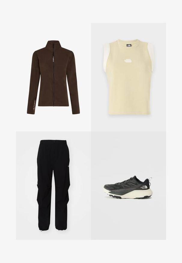 Giacca in pile marrone con collo alto e zip frontale completa. Presenta il marchio "O'Neill" e il logo "Polartec" su una manica. Texture morbida.; Top senza maniche in cotone giallo pastello con scollatura rotonda. Presenta pannelli nella parte delle spalle in crema a contrasto e un logo testurizzato sul petto.; Pantaloni neri da esterno realizzati in materiale resistente, con vestibilità rilassata, cintura elastica e polsini regolabili per lunghezza adattabile.; Scarpa da ginnastica nera con tomaia testurizzata, con accenti grigi e un sottopiede bianco. Include una linguetta sul retro e un logo del marchio ben visibile sul tallone.