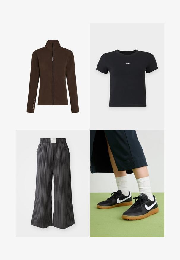Braune Fleecejacke mit hohem Kragen und vollem Frontreißverschluss. Mit "O'Neill"-Markierung und "Polartec"-Logo auf einem Ärmel. Weiche Textur.; Schwarzes T-Shirt mit kurzen Ärmeln aus Baumwolle und rundem Ausschnitt. Es hat ein weißes Nike-Logo auf der Brust, ein minimalistisches Design und eine taillierte Form.; Schwarz- und graustrichige weite Hosen mit elastischem Bund und Nike-Logo-Tag hinten. Leichter Stoff, lockerer Schnitt.; Schwarze Leder- und synthetische Sneakers mit weißem Nike-Swoosh, Gummisohle, runder Spitze und schwarzen Schnürsenkeln. Gestreifte weiße Socken sind sichtbar.