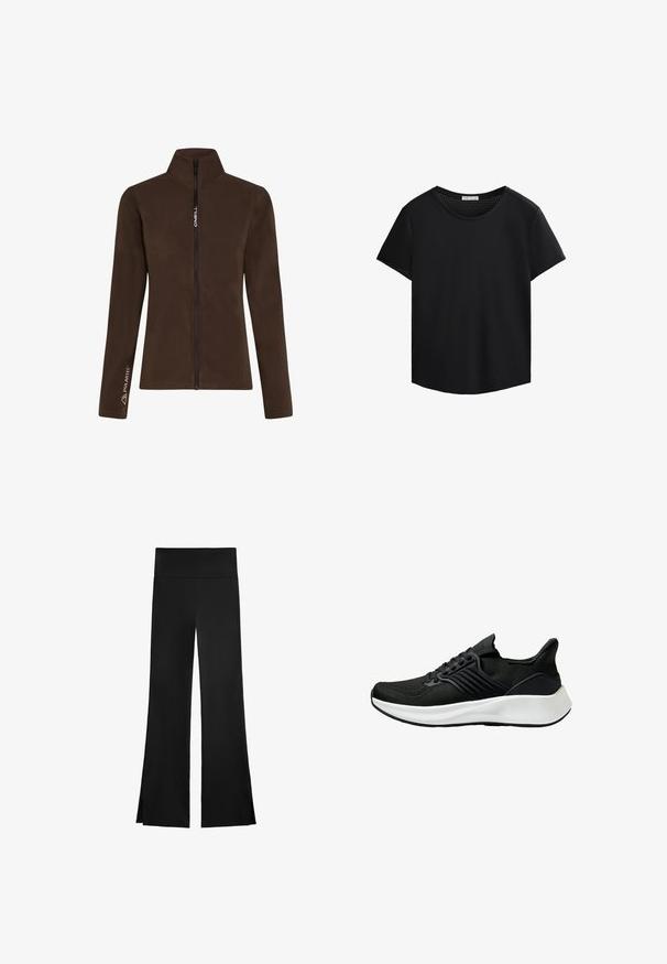 Bruine fleece jas met een hoge kraag en een volledige rits aan de voorkant. Kenmerkt de "O'Neill" branding en het "Polartec" logo op één mouw. Zachte textuur.; Zwart T-shirt met korte mouwen, ronde halslijn en geperforeerde mesh-details op de schouders. Glad materiaal, ontspannen pasvorm, gebogen zoom.; Zwarte broek met een wijd beenontwerp, voorzien van een hoge tailleband en zijsplitten voor gemakkelijke beweging. Gemaakt van een gladde, rekbare stof.; Zwarte sportieve schoen met een bovenwerk van textuurstof, vetersysteem en een witte tussenzool. Heeft een laag profiel en een gebogen zoolontwerp.