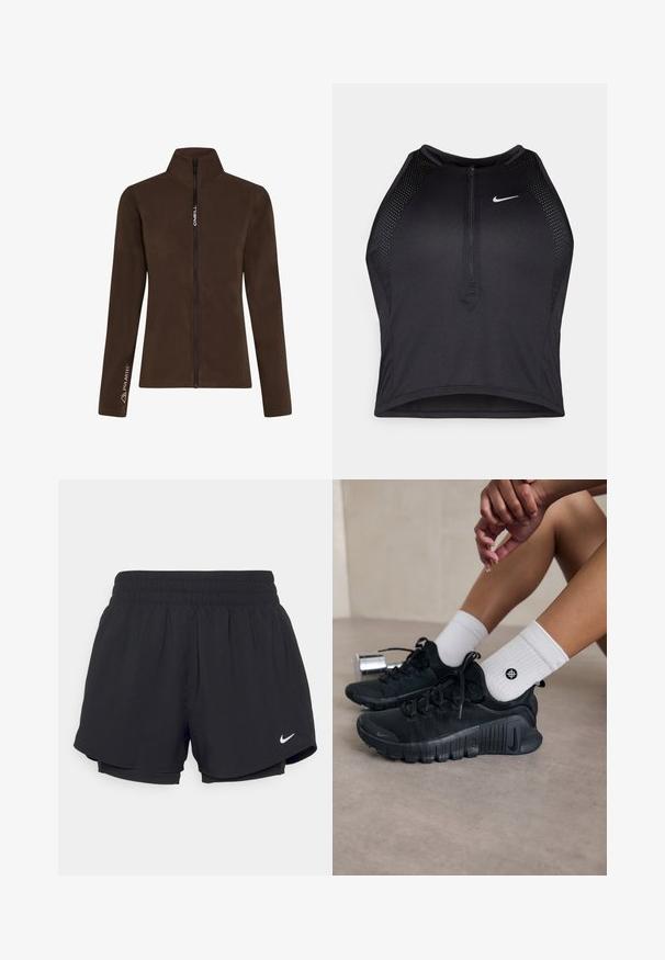 Braune Fleecejacke mit hohem Kragen und vollem Frontreißverschluss. Mit "O'Neill"-Markierung und "Polartec"-Logo auf einem Ärmel. Weiche Textur.; Schwarzes sportliches Crop-Top mit Reißverschluss vorne, Netz-Akzenten und figurnaher Passform. Hergestellt aus dehnbarem, atmungsaktivem Material. Nike-Logo auf der Vorderseite.; Schwarze Sportshorts mit einem gerafften elastischen Bund, Innenfutter und weißem Nike-Logo auf der unteren linken Seite. Glatter, leichter Stoff.; Schwarze Sportschuhe aus strukturiertem Stoff, mit Schnürdesign und auffälliger Sohle, kombiniert mit weißen gerippten Socken, die ein kleines Logo tragen.