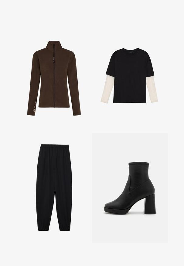 Bruine fleece jas met een hoge kraag en een volledige rits aan de voorkant. Kenmerkt de "O'Neill" branding en het "Polartec" logo op één mouw. Zachte textuur.; Zwarte T-shirt van katoen, met korte mouwen over een witte lange mouw laag met een subtiel textuurpatroon. Ronde hals ontwerp.; Zwarte, lichte broek met een elastische tailleband en gathered enkels. De stof is glad en heeft een ontspannen, taps toelopend ontwerp.; Zwarte leren enkellaarzen met een hoge blokhak, een gladde textuur en een aansluitende schacht. Heeft een naadloos ontwerp zonder zichtbare sluitingen.