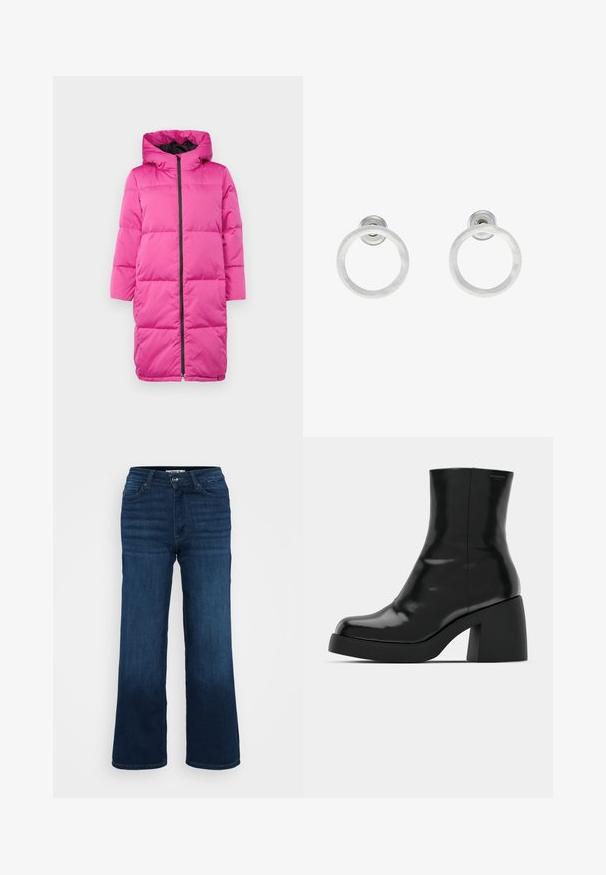 YAS Petite YASMILLYS JACKET - Daunenjacke - fuchsia fedora; Even&Odd Petite 2 PACK - Top - light grey/black; ONLY Petite ONLMADISON BLUSH WIDE - Wide Leg - dark blue denim; Schwarze Stiefeletten mit glänzender Oberfläche, quadratischer Zehenpartie und dicker Blockabsatz. Das Design zeichnet sich durch eine nahtlose Silhouette und minimalistische Markenkennzeichnung aus.; Silberne Metall-Hoops Ohrringe mit gebürsteter Oberfläche, die ein kreisförmiges Design aufweisen und mit einem klaren Steckverschluss für einen sicheren Halt ausgestattet sind.