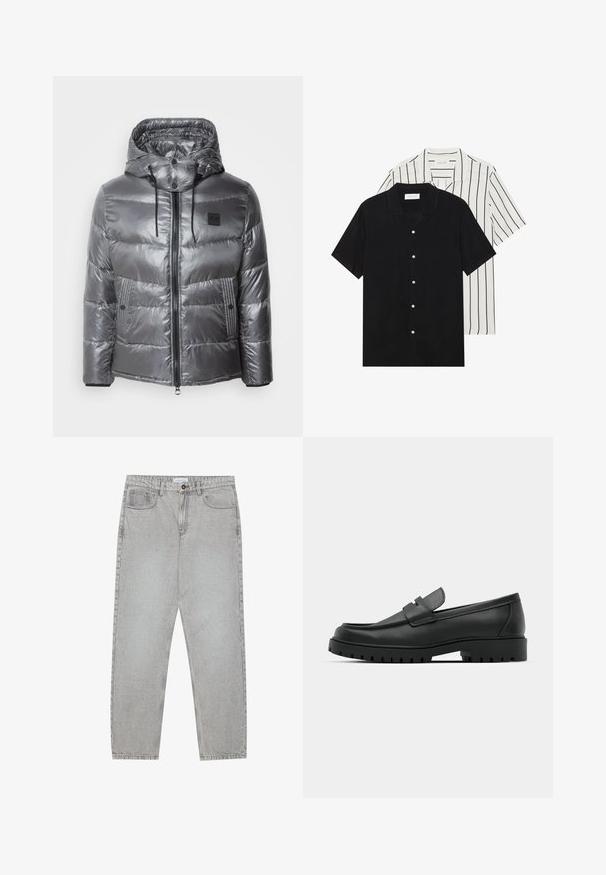 Chaqueta acolchada gris con un acabado brillante, capucha y cremallera frontal. Cuenta con dos bolsillos laterales y un parche negro con logo en el pecho.; Dos camisetas de manga corta: una de color negro sólido y otra blanca con rayas verticales negras. Ambas tienen cierre de botones y un cuello clásico.; Pantalones de mezclilla gris claro con un diseño de pierna recta, estilo de cinco bolsillos y cierre de botón. Costuras visibles a lo largo de las costuras.; Mocasines de cuero negro con punta redonda, que cuentan con un diseño cosido, suela de plataforma baja y una suela de goma texturada y con tacos.