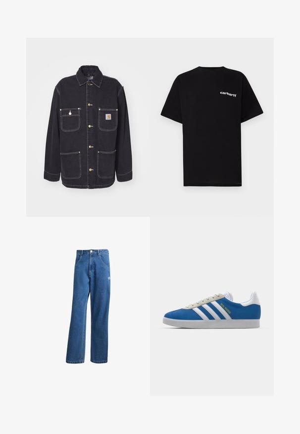 Černá denimová bunda s dvěma hrudními kapsami a dvěma bočními kapsami, zlatými kovovými detaily a kontrastním bílým prošíváním. Má standardní límec.; Černé bavlněné tričko s krátkými rukávy, kulatým výstřihem a bílým logem "Carhartt" na levé straně hrudi. Hladká texturu, jednoduchý design.; Modré vysoké široké džíny s vysokým pasem, předními kapsami, poutky na opasek, knoflíkovým zapínáním a malým logem Adidas na pravém stehně.; adidas Originals ADIDAS GAZELLE SHOES - Sálové kopačky - real madrid/bluebird/footwear white/crew yellow