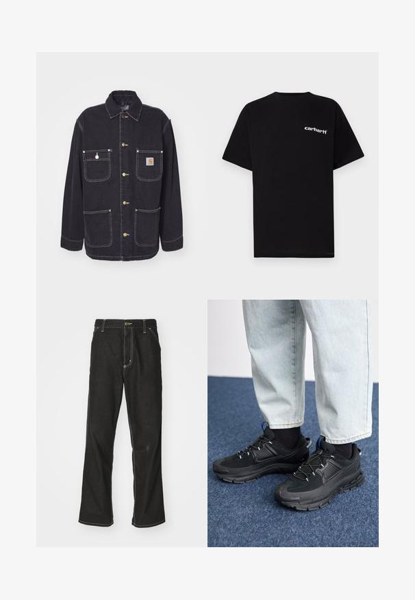 Juodas džinsinis švarkas su dviem krūtinės kišenėmis ir dviem šoninėmis kišenėmis, auksinės spalvos detalių ir kontrastingo balto siuvimo. Yra standartinė apykaklė.; Juoda medvilninė marškinėliai su trumpomis rankovėmis, apvalia apykakle ir baltu „Carhartt“ logotipu ant kairės krūtinės. Lygus paviršius, minimalistinis dizainas.; Juodi džinsai su laisvu siluetu, turintys kontrastingas balto siūlo siūles, mygtuko uždarymą ir tiesų kojos dizainą.; Juodi sportiniai bateliai su tekstūruota medžiaga ir guminiais padais, su elastingomis raišteliais ir mėlynu akcentu ant kulno. Dėvimi su šviesiai mėlynomis džinsinėmis kelnėmis.
